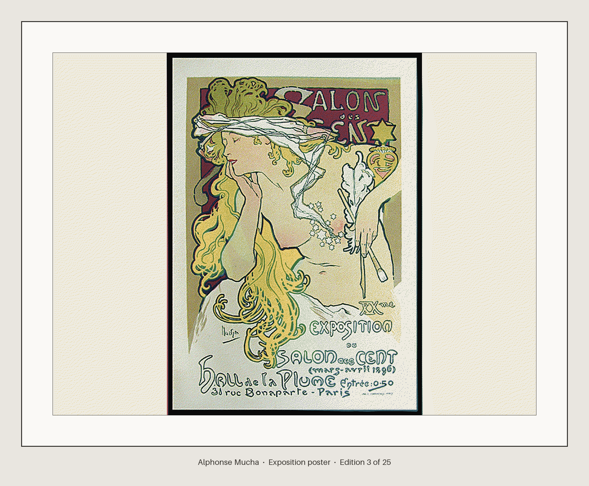 Six-ink MusePaper card preview of Mucha's exhibition poster