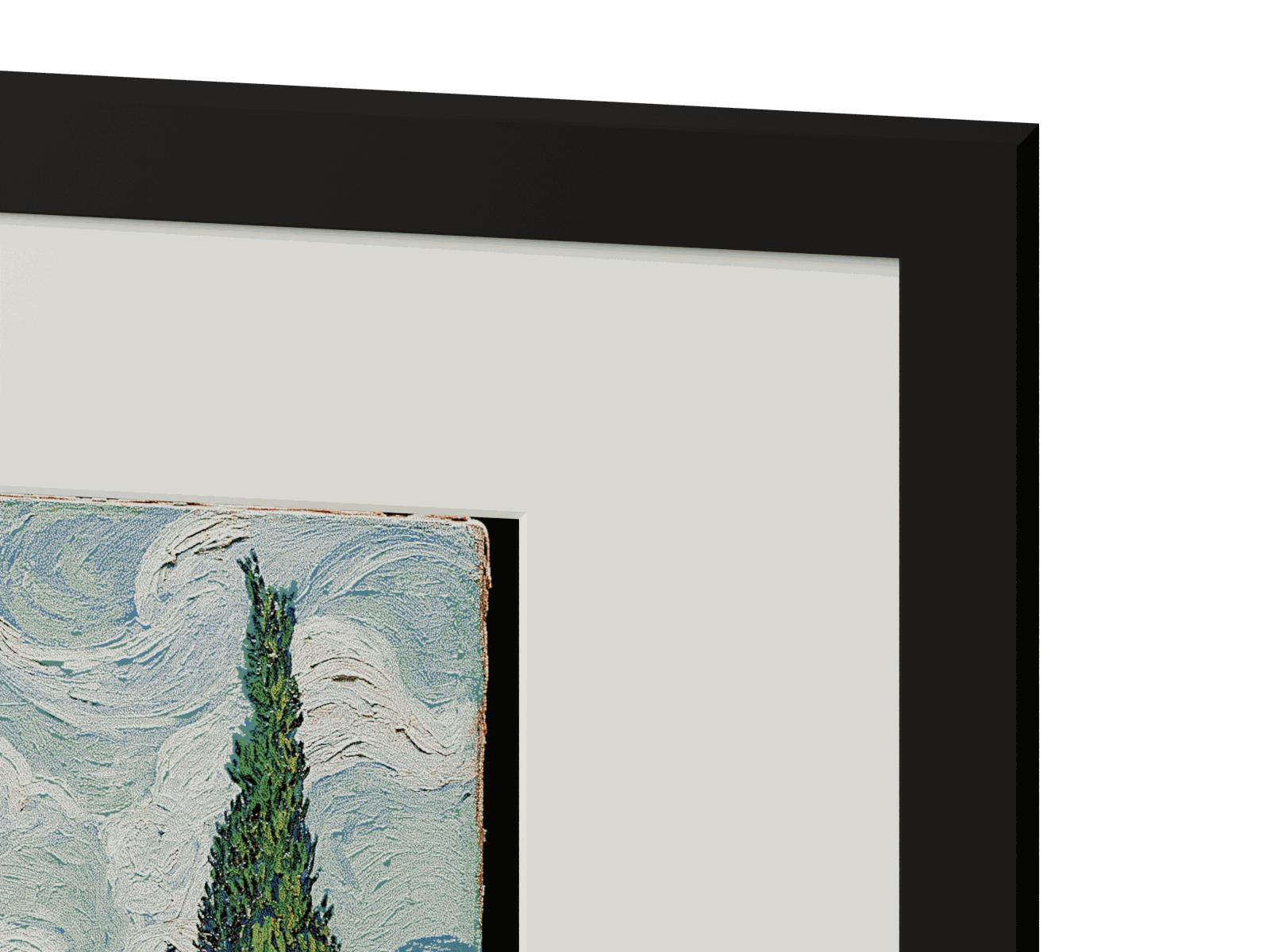 A close view of the measured frame's black moulding, cut mat and six-ink print