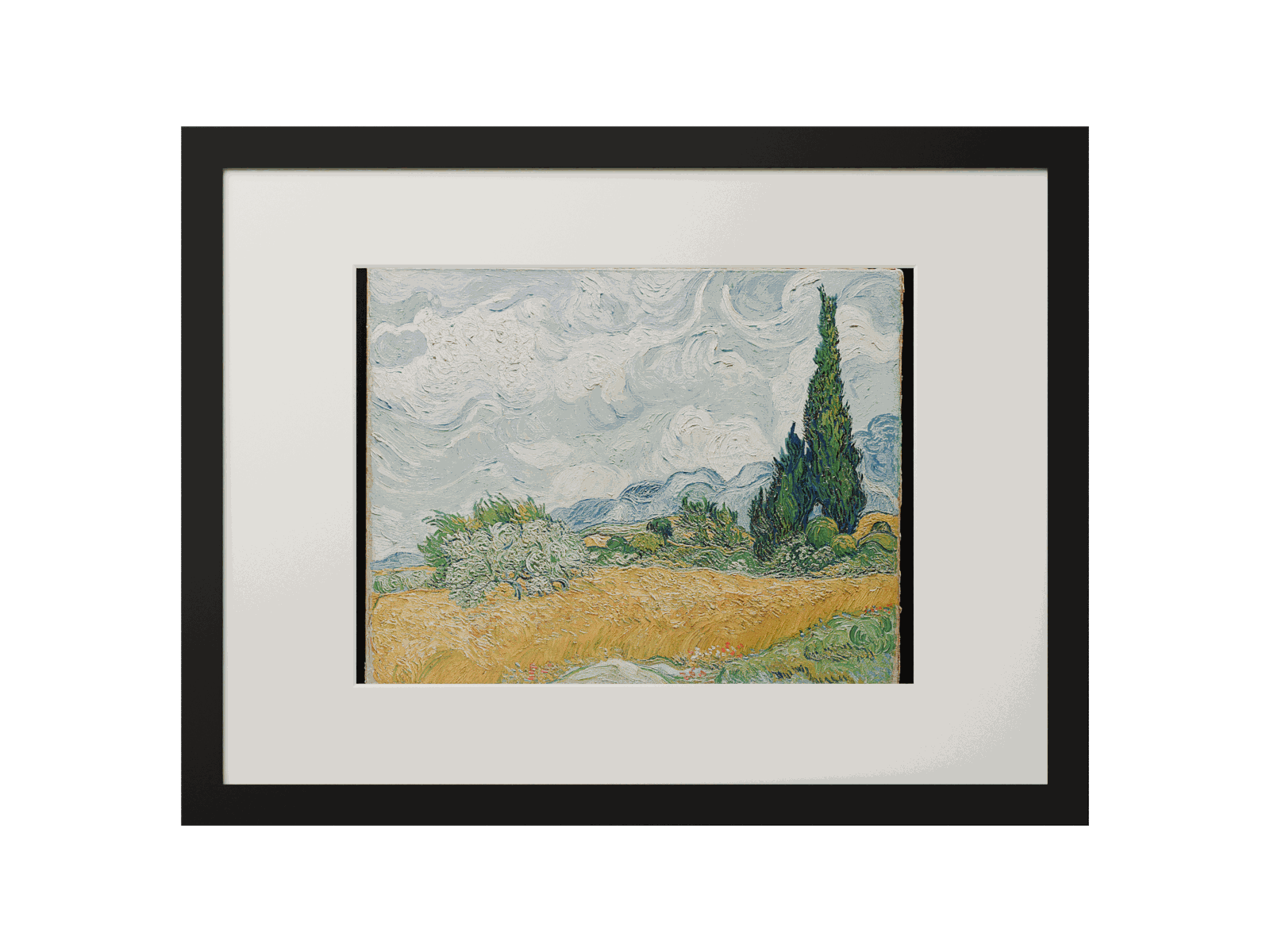 The measured black wooden frame, viewed straight on, showing Wheat Field with Cypresses